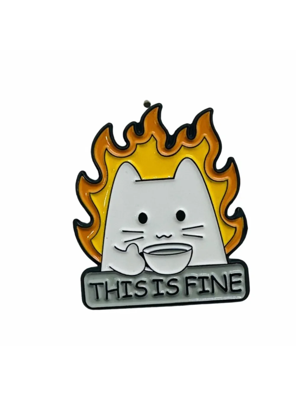 ⭐This Is Fine Cat On Fire Sipping Tea Enamel Pin Animal Broch White Cat New Oz